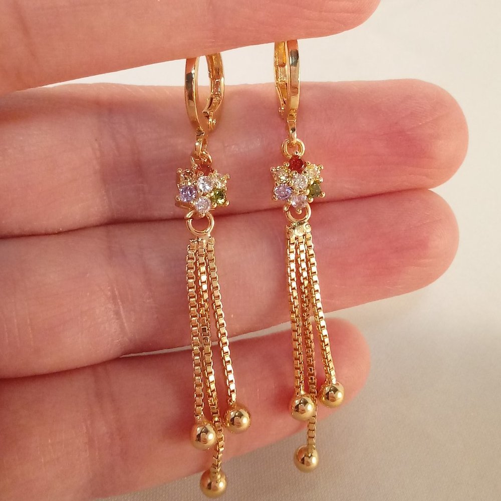 18K Yellow Gold Filled Diamond Zircon Flower Tassel Dangle Earrings